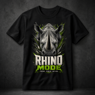 Camiseta negra Rhino Mode con rinoceronte y detalles verde neón