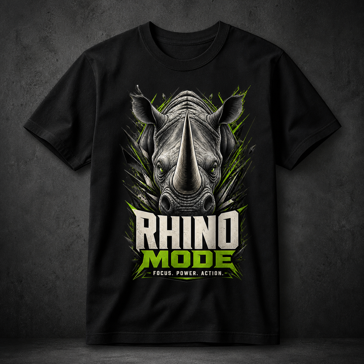 Camiseta negra Rhino Mode con rinoceronte y detalles verde neón