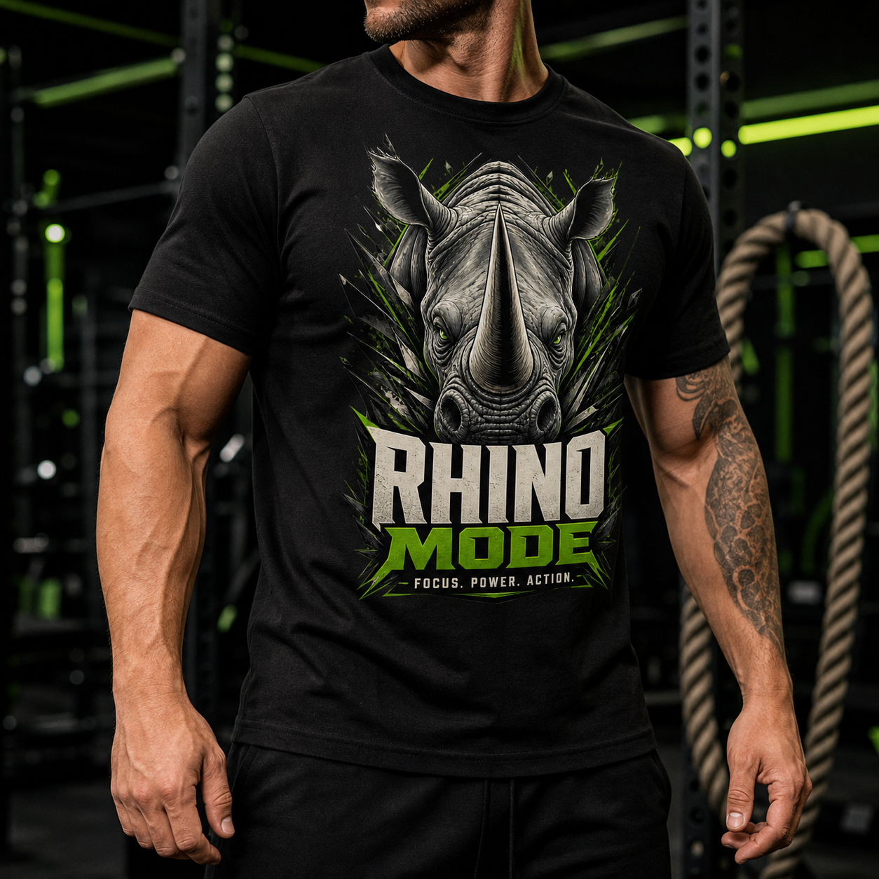 Modelo con camiseta negra Rhino Mode en gimnasio con iluminación verde