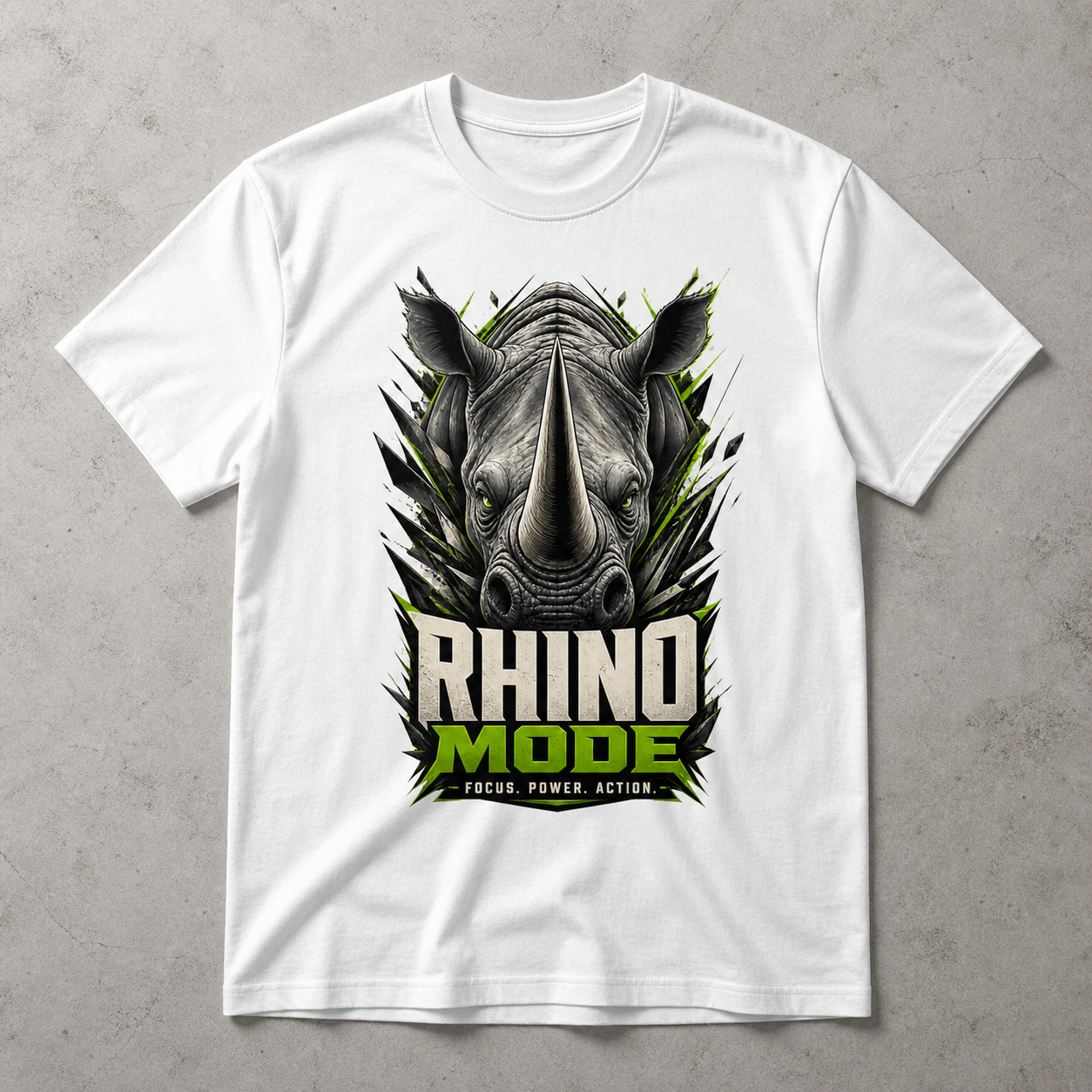 Camiseta blanca Rhino Mode con rinoceronte y detalles verde neón