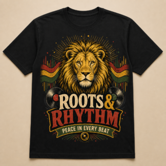 Camiseta negra Roots and Rhythm con león, discos de vinilo y colores reggae