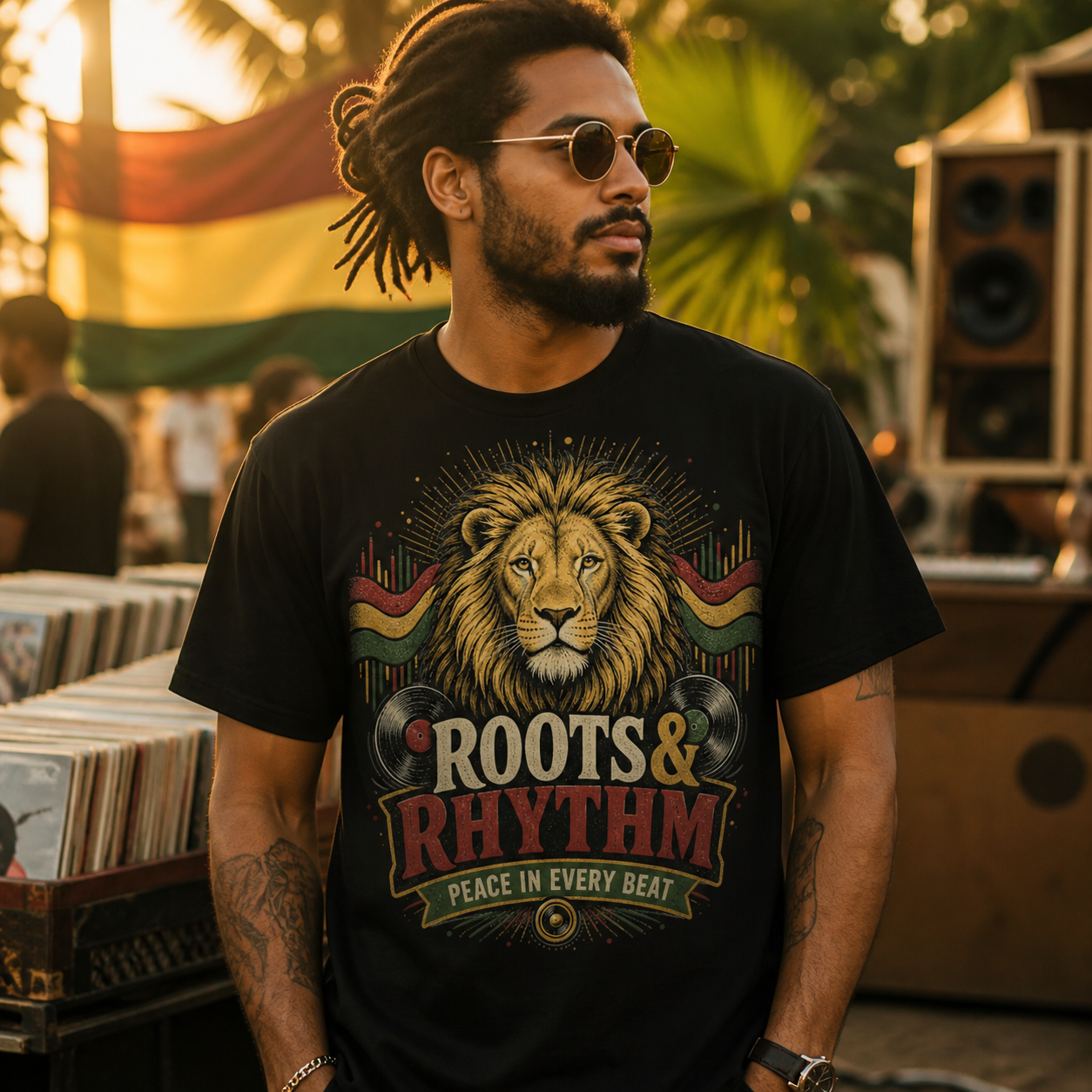 Hombre con camiseta negra Roots and Rhythm en evento de música y vinilos