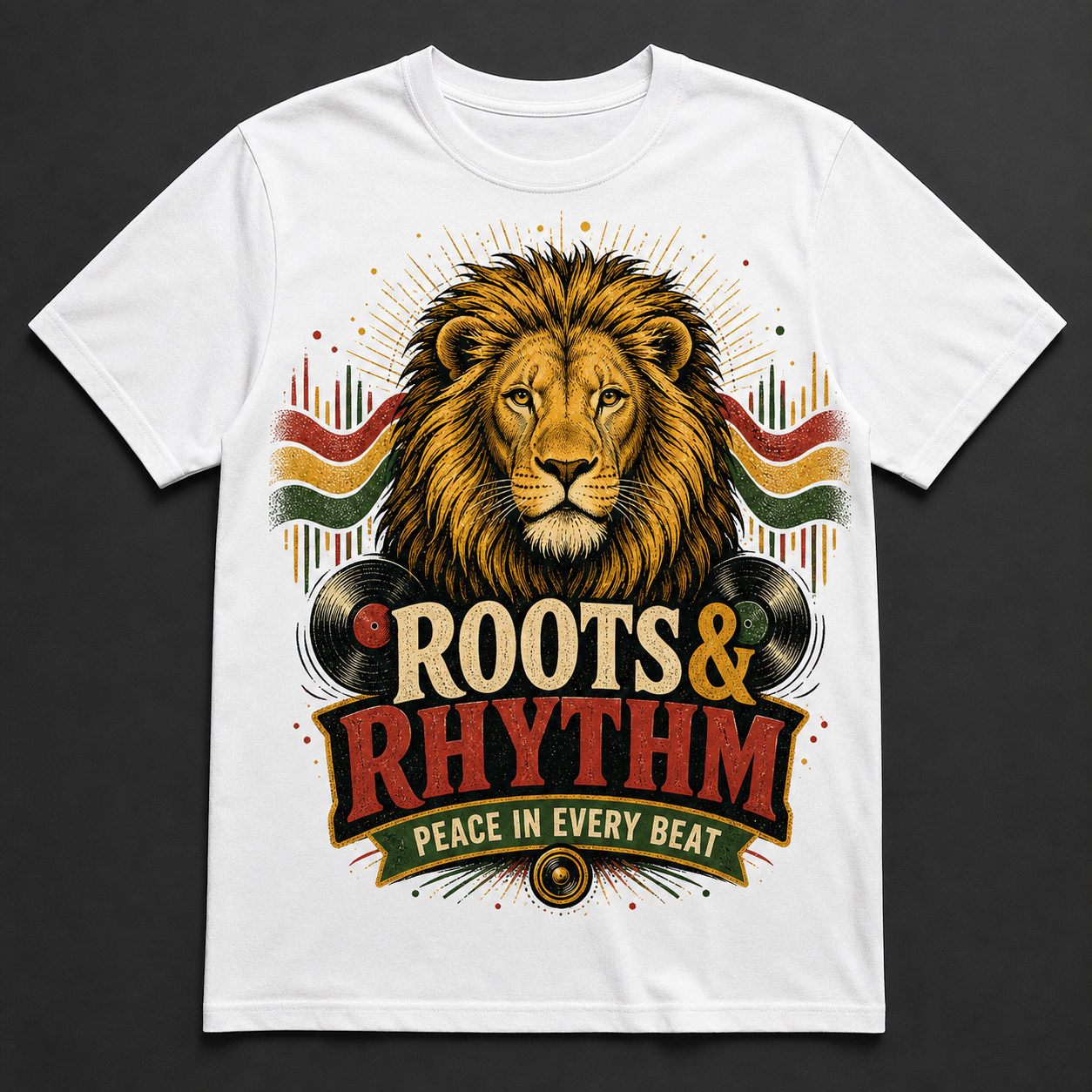 Camiseta blanca Roots and Rhythm con león y mensaje Peace in Every Beat