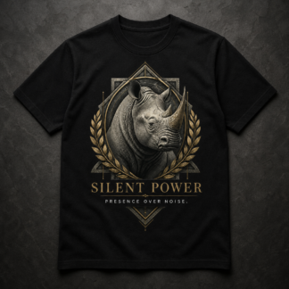 Camiseta negra Silent Power con rinoceronte y laureles dorados