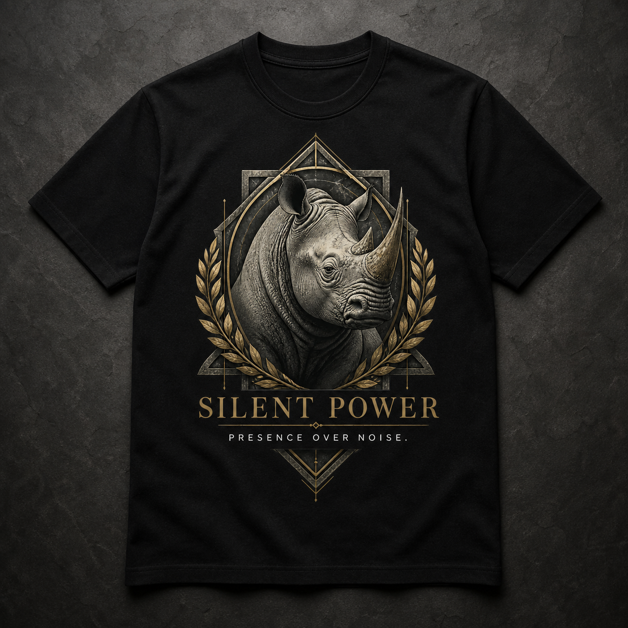 Camiseta negra Silent Power con rinoceronte y laureles dorados