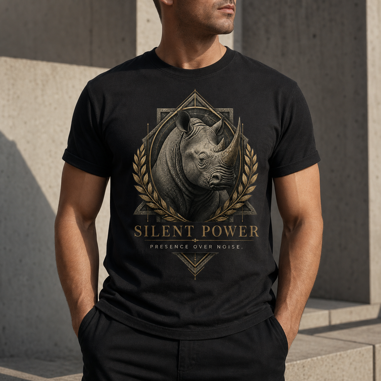 Modelo con camiseta negra Silent Power frente a arquitectura de hormigón