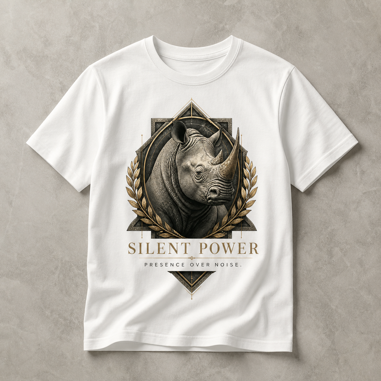 Camiseta blanca Silent Power con rinoceronte y laureles dorados