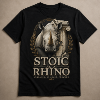 Camiseta negra Stoic As a Rhino con rinoceronte, columna clásica y mensaje Unshaken Unmoved Forward