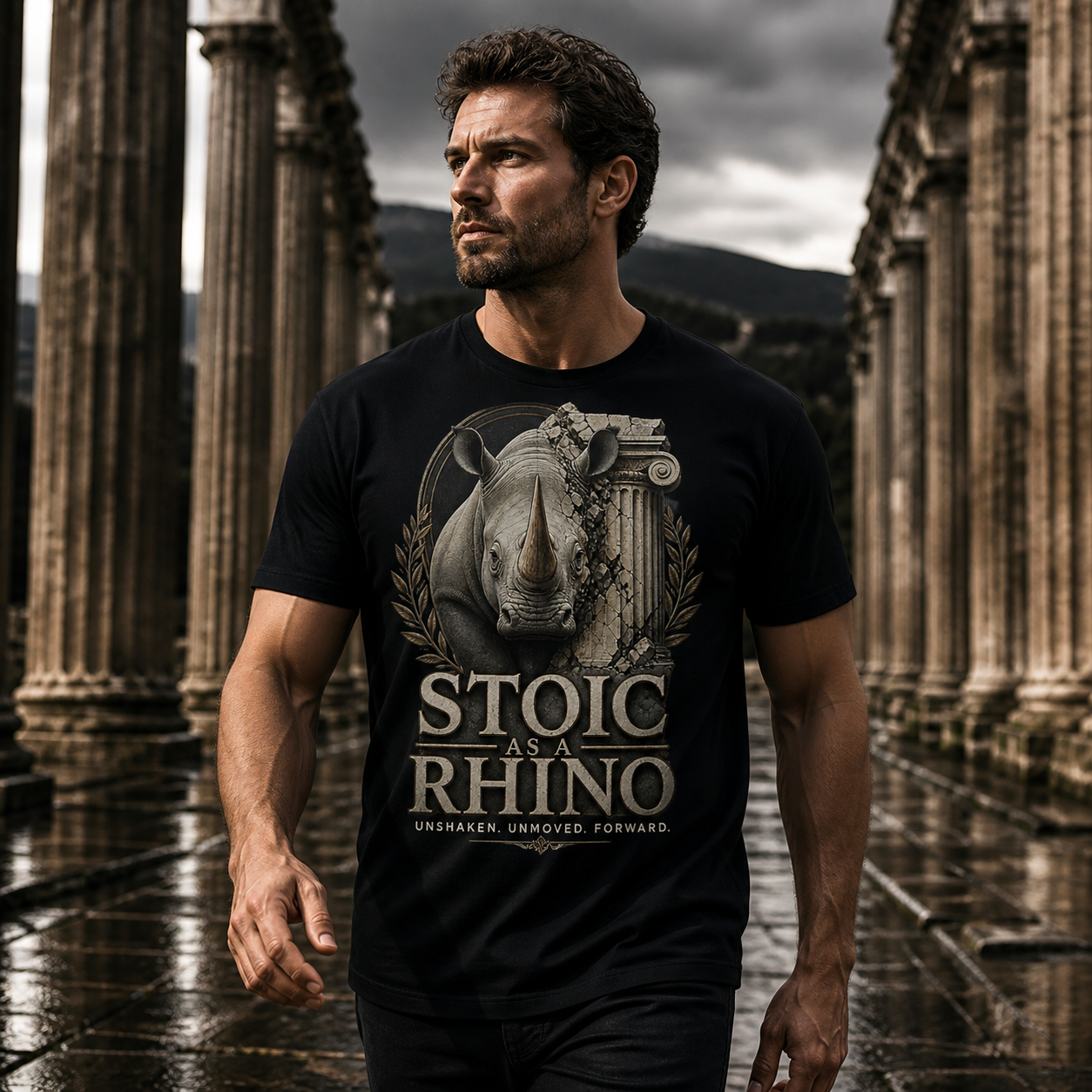 Hombre caminando entre columnas con camiseta negra Stoic As a Rhino