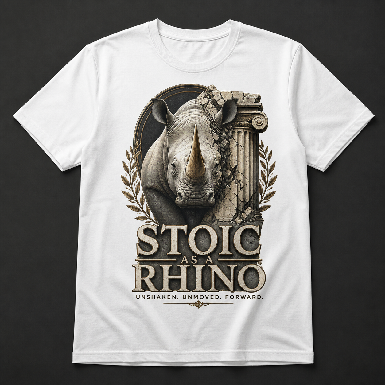 Camiseta blanca Stoic As a Rhino con rinoceronte y ruinas de inspiración clásica