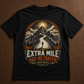 Camiseta negra The Extra Mile Has No Traffic con corredor y carretera de montaña