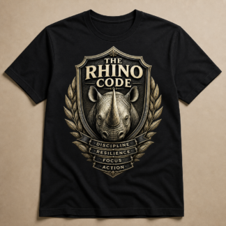 Camiseta negra The Rhino Code con escudo, rinoceronte y valores Discipline Resilience Focus Action