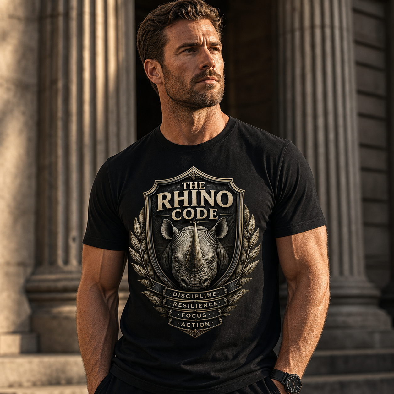 Hombre con camiseta negra The Rhino Code frente a arquitectura clásica