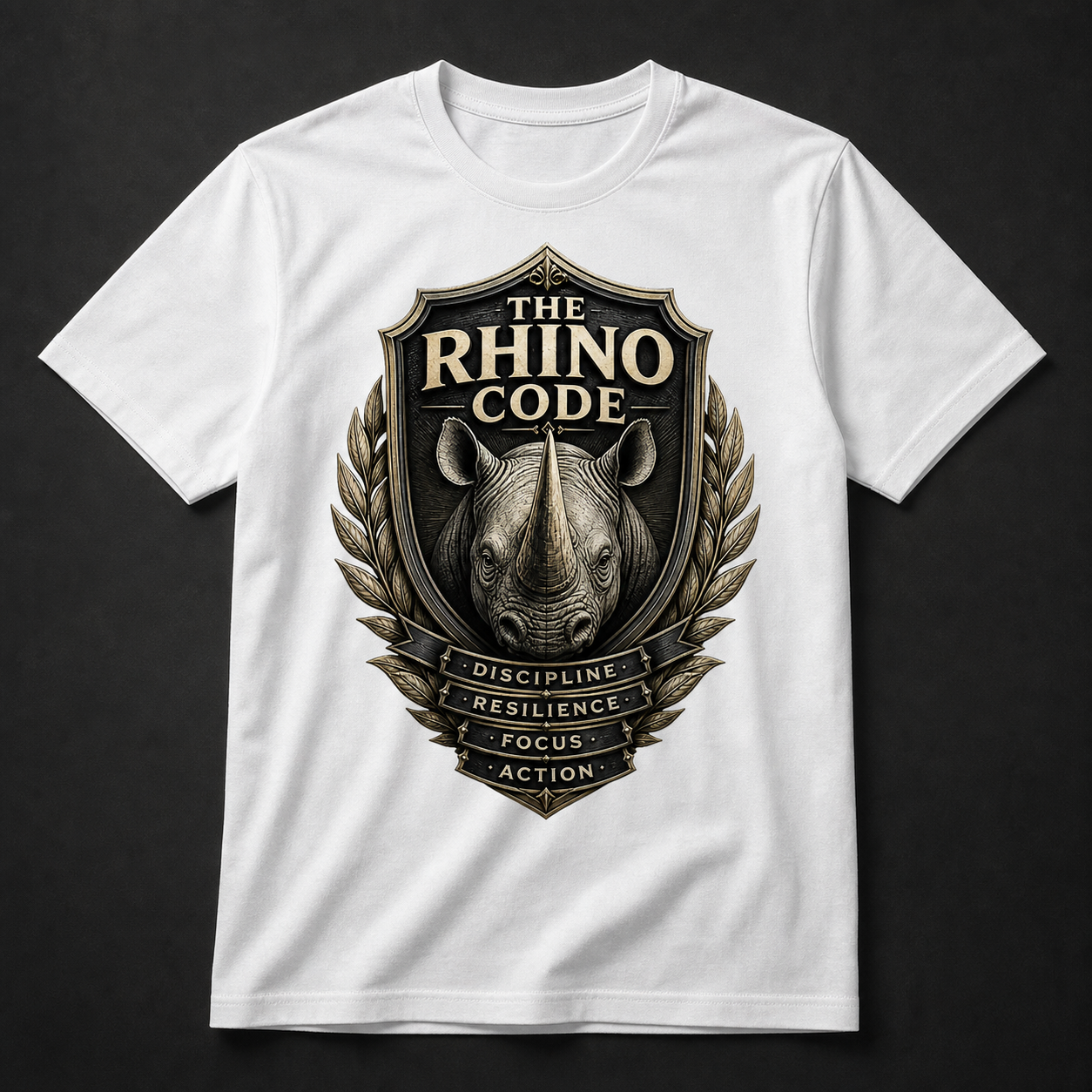 Camiseta blanca The Rhino Code con escudo dorado, rinoceronte y cuatro principios
