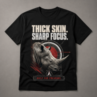 Camiseta negra Thick Skin Sharp Focus con diseño de rinoceronte y mensaje Built for Pressure
