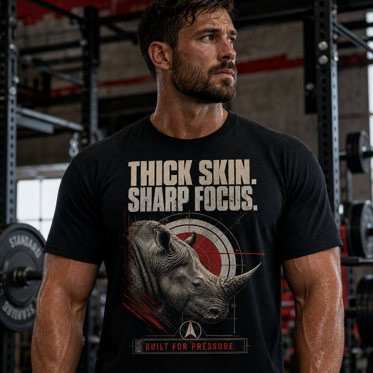 Hombre entrenando con camiseta negra Thick Skin Sharp Focus de Golden Stoic
