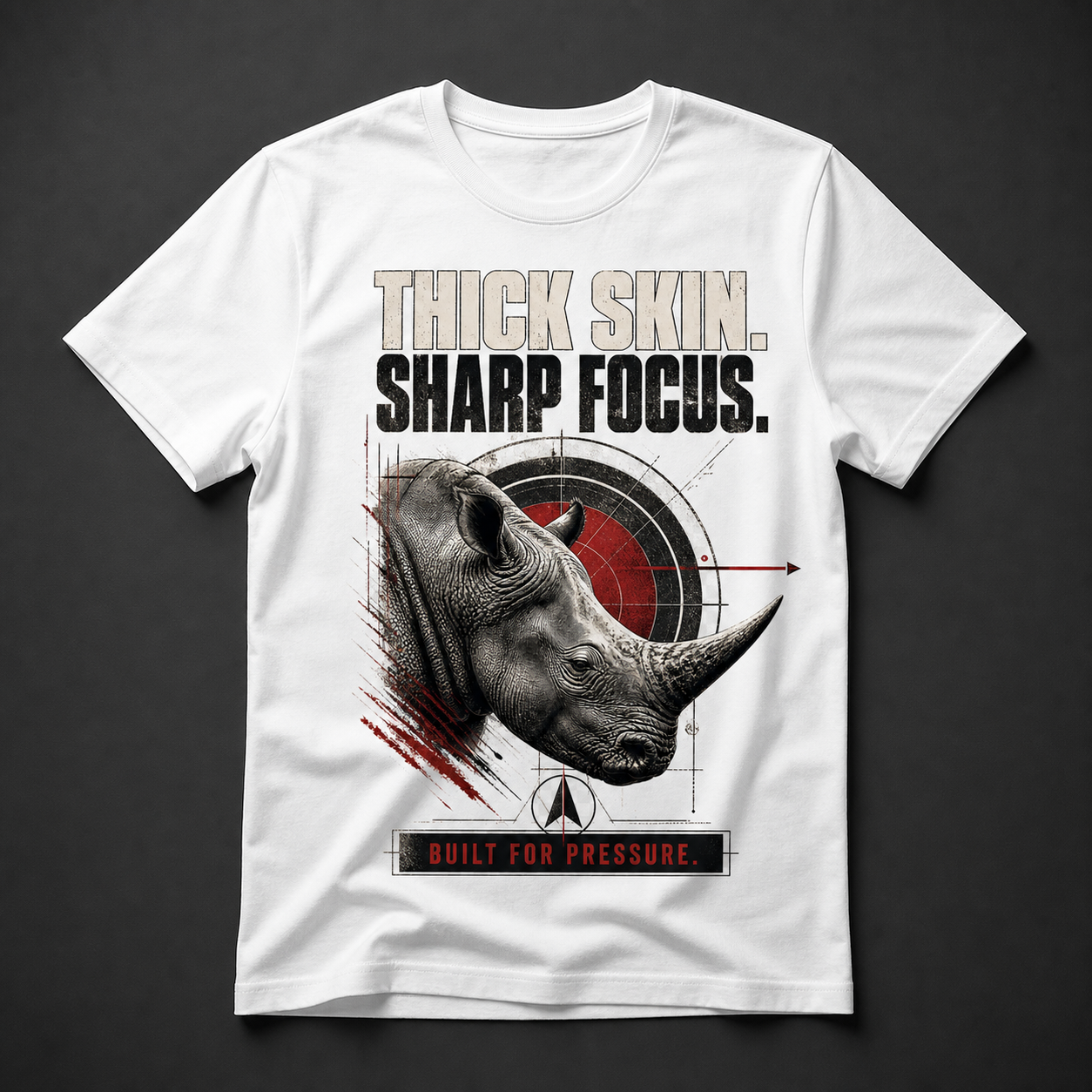 Camiseta blanca Thick Skin Sharp Focus con rinoceronte, diana y mensaje Built for Pressure