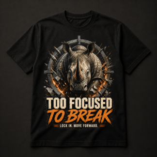 Camiseta negra Too Focused To Break con rinoceronte rompiendo una diana y detalles naranja
