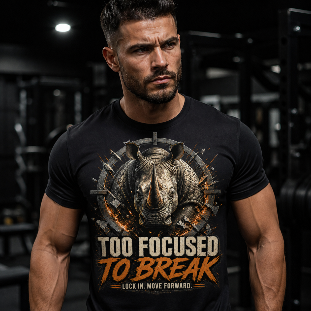 Hombre concentrado con camiseta negra Too Focused To Break durante el entrenamiento