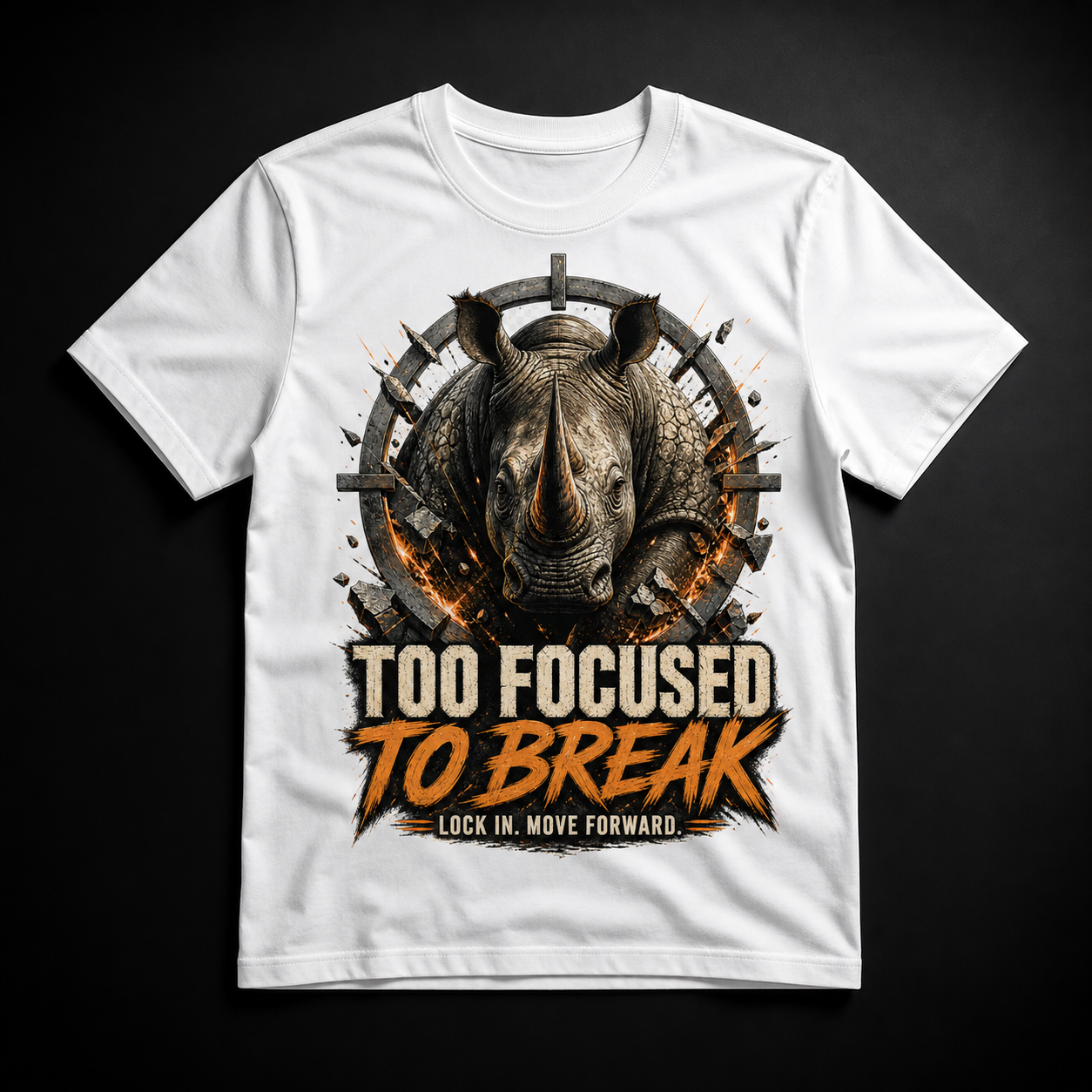 Camiseta blanca Too Focused To Break con rinoceronte y mensaje Lock In Move Forward