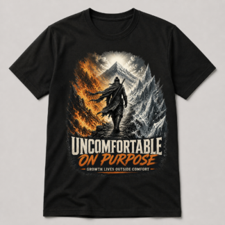 Camiseta negra Uncomfortable On Purpose con guerrero entre fuego, hielo y montaña