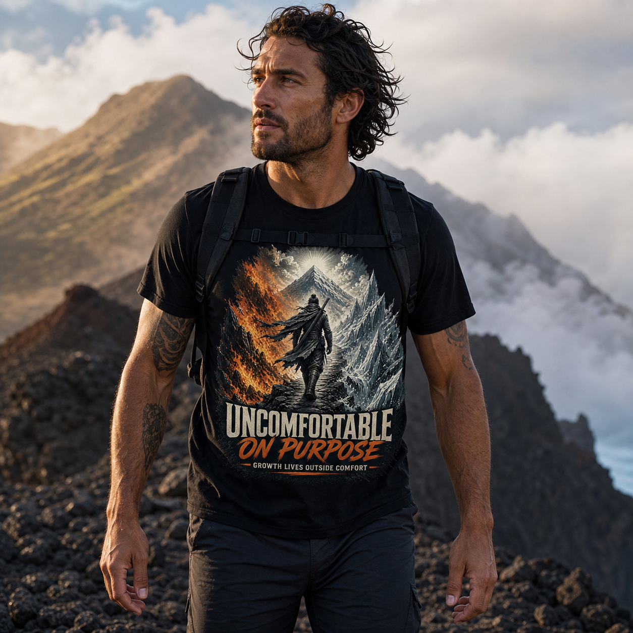 Hombre con camiseta negra Uncomfortable On Purpose caminando por una cresta volcánica