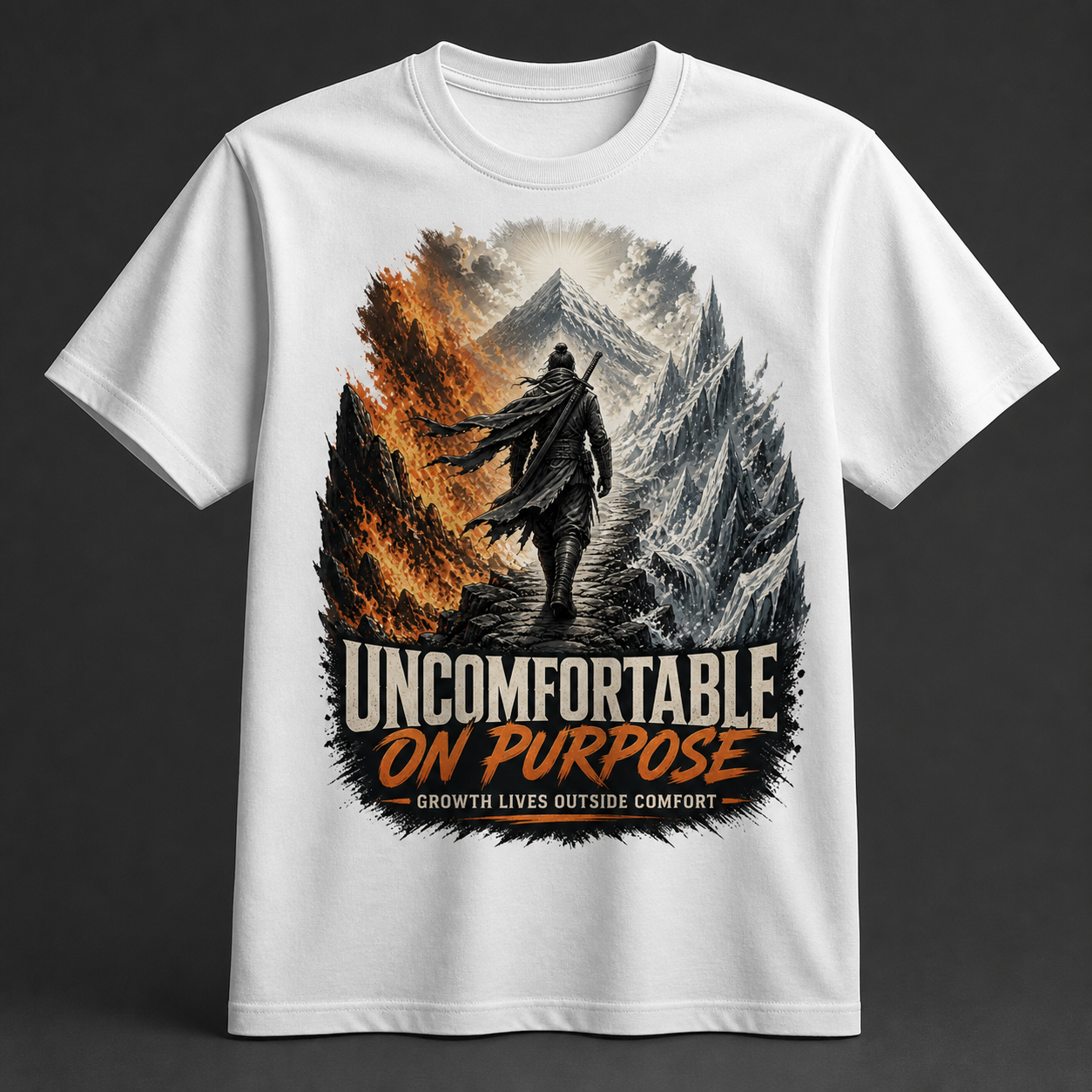 Camiseta blanca Uncomfortable On Purpose con mensaje Growth Lives Outside Comfort