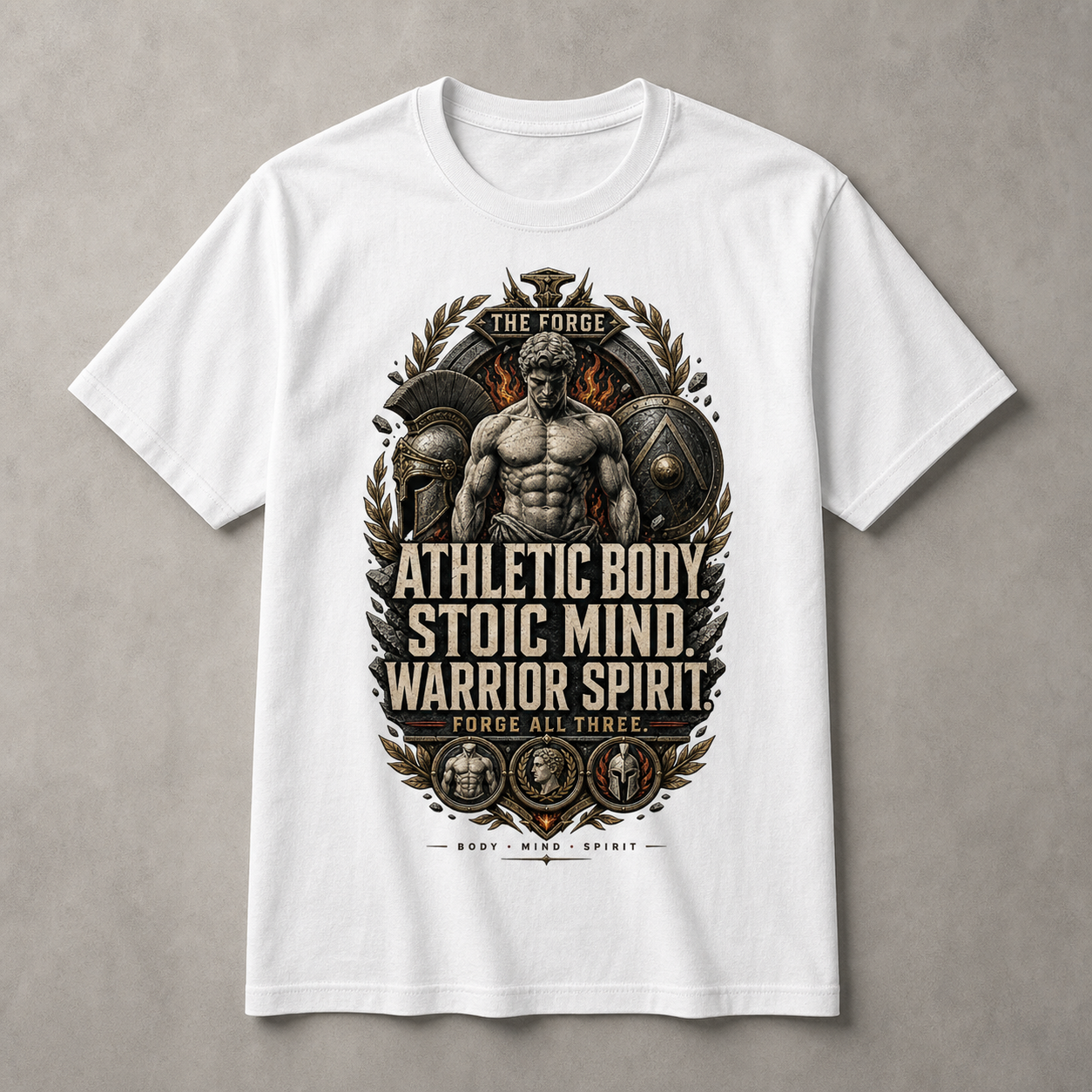 Camiseta blanca Athletic Body Stoic Mind Warrior Spirit con estatua atlética y escudo