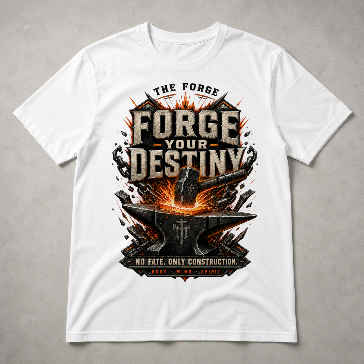 Camiseta blanca Forge Your Destiny con diseño de yunque y martillo