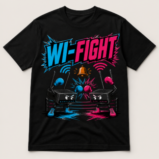 Camiseta negra Wi-Fight con dos routers boxeadores azul y rosa
